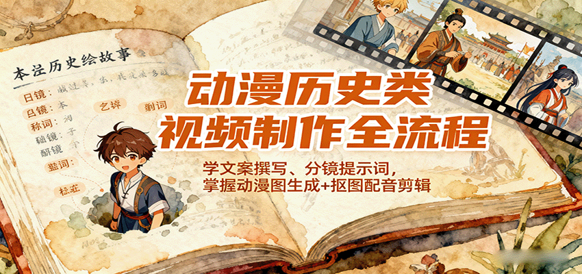 动漫历史类视频制作全流程，学文案撰写、分镜提示词，掌握动漫图生成+抠图配音剪辑-喜上心头项目超市