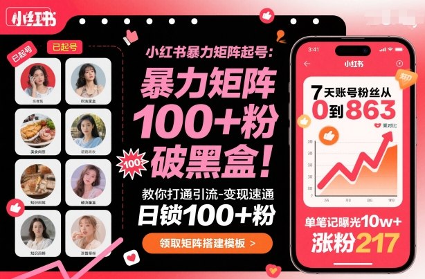 小红书暴力矩阵起号,教你打通引流-变现速通,日锁100+粉,破流量黑盒-喜上心头项目超市