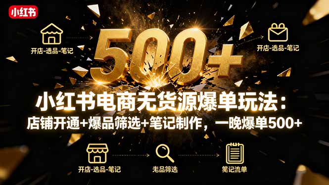 小红书电商无货源爆单玩法：店铺开通+爆品筛选+笔记制作，一晚爆单500+-喜上心头项目超市