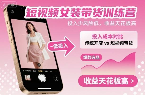 短视频女装带货训练营，投入少风险低，收益天花板高-喜上心头项目超市