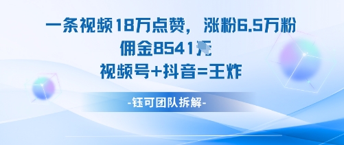 一条视频18W点赞，涨粉6.5W粉佣金8541米，视频号+抖音=王炸-喜上心头项目超市