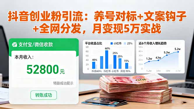 抖音创业粉引流:养号对标+文案钩子+全网分发,月变现5万实战-喜上心头项目超市