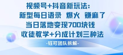 视频号加抖音新玩法：爆火新型每日语录，收徒教学加分成计划，三种变现玩法，当日变现7张-喜上心头项目超市