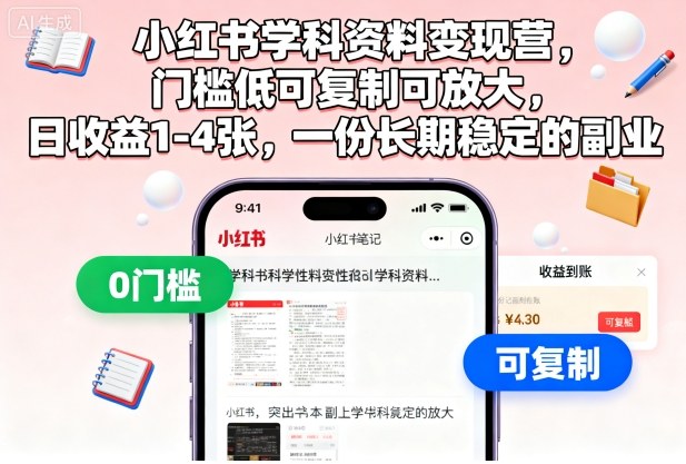 小红书学科资料变现营，门槛低可复制可放大，日收益1-4张，一份长期稳定的副业-喜上心头项目超市