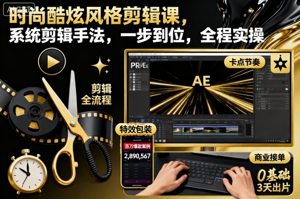 时尚酷炫风格剪辑课，系统剪辑手法，一步到位，全程实操-喜上心头项目超市