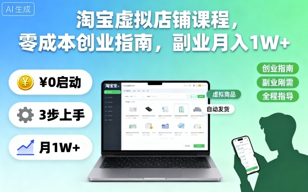 淘宝虚拟店铺课程，零成本创业指南，副业月入1W+-喜上心头项目超市