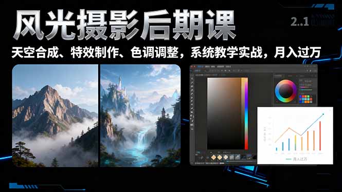 风光摄影后期课,一键换天空合成、特效制作、色调调整,月入过万-喜上心头项目超市