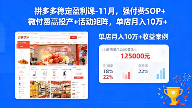 拼多多稳定盈利课-11月，强付费SOP+微付费高投产+活动矩阵，单店月入10万+-喜上心头项目超市